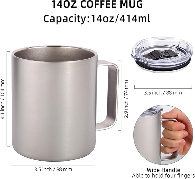 Volhoply 14oz Insulated Stainless Steel Coffee Mug with Lid Bulk 8 Pack,Double Wall Vacuum Travel Coffee Cup with Handle,Reusable Metal Cups Tumbler,Camping Mugs Keep Hot,Ideal Gifts(Silver,8)