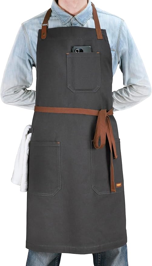 Professional Chef Apron for Men Women with Pockets, Bib Apron for Cooking Kitchen Grill BBQ, with Towel Loop and Adjustable Neck Strap (Dark Grey)