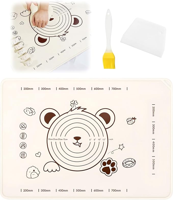 Little Bear Pastry Mat Set:Silicone Pastry Mat with Cake Scraper Rolling Pin Pastry Brush for Baking (standard, count, 3)