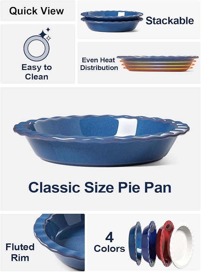 LE TAUCI Ceramic Pie Dish for Baking, 9 Inches Pie Pan for Apple Pie, Pecan Pie, 36 Ounce Pie Plate, Set of 2, Ceylon Blue