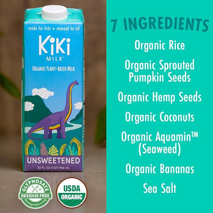 Kiki Milk Plant Based Milk - Organic Unsweetened Kiki Milk - Calcium & Magnesium Source - Gluten Free, Gum Free, GMO Free, Dairy Free, Soy Free, Glyphosate Free - Shelf Stable - (32 oz • Pack of 6)