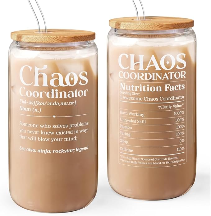 Chaos Coordinator 16oz Can Glass Tumbler with Bamboo Lid & Straw, Iced Coffee Cup for Female Coworker Friends Colleagues, Aesthetic Cups Gifts for Birthday Christmas Farewell Retirement