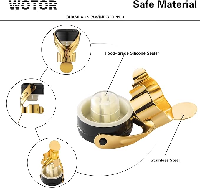 WOTOR Champagne&Wine Bottle Stoppers Stainless Steel with Food Grade Silicone, Leak Proof Keep Fresh Reusable Saver, Cork Suitable for Wine, Champagne, Cava, Prosecco and Sparkling (6 Pack Gold）