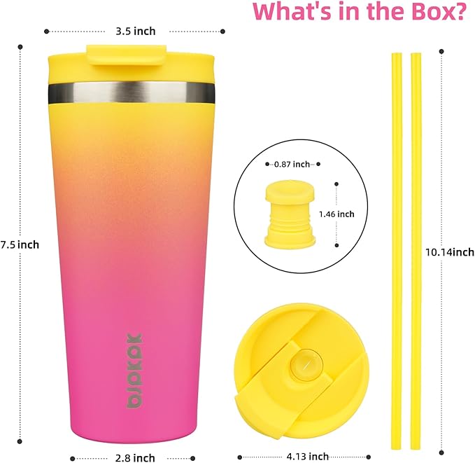 BJPKPK 22oz Stainless Steel Insulated Tumbler With lid And Straw Travel Coffee Thermal Tumblers Cup For Women And Men,Pink Yellow Rose