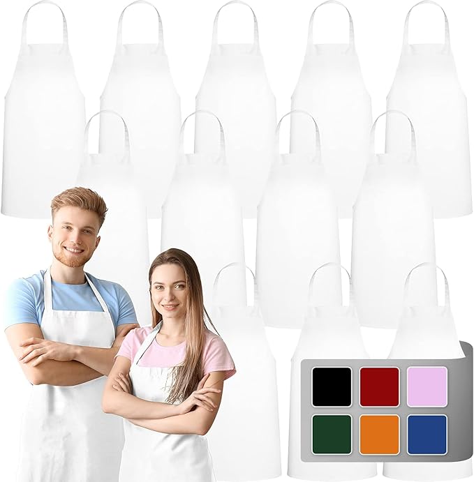 GREEN LIFESTYLE 12 Pack Bib Apron - Unisex White Aprons, Machine Washable Aprons for Men and Women, Kitchen Cooking BBQ Aprons Bulk (Pack of 12, No Pockets, White)