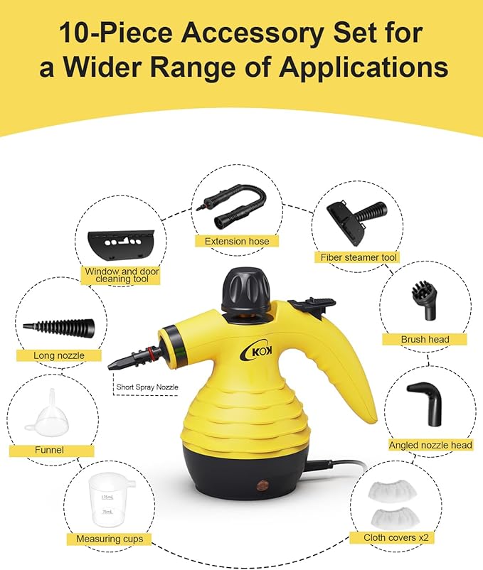 KOK Handheld Steam Cleaner, 221°F High-Temperature, 10-in-1 Accessory Kit, Multi-Surface Cleaning，for Kitchen/Bathroom/Car/Floors