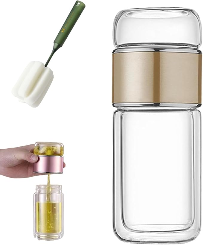 QUROXO 2025 New Tryteava Glass Infuser, Teava 3-In-1 Smart Tea Infuser with Cup Brush, Double-Layer Borosilicate Glass Tryteava Tea infusers Separation Cup (Gold, 350ml (12oz))