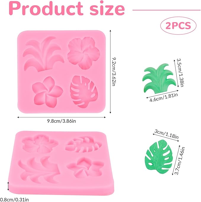 2 Pcs Tropical Flowers and Leaves Silicone Mold Set Plumeria,Hibiscus,Monstera Leaf for Diy Chocolate,Candy,Gummy Molds,Fondant,Cupcake Topper,Hawaiian Party Decoration(Pink)