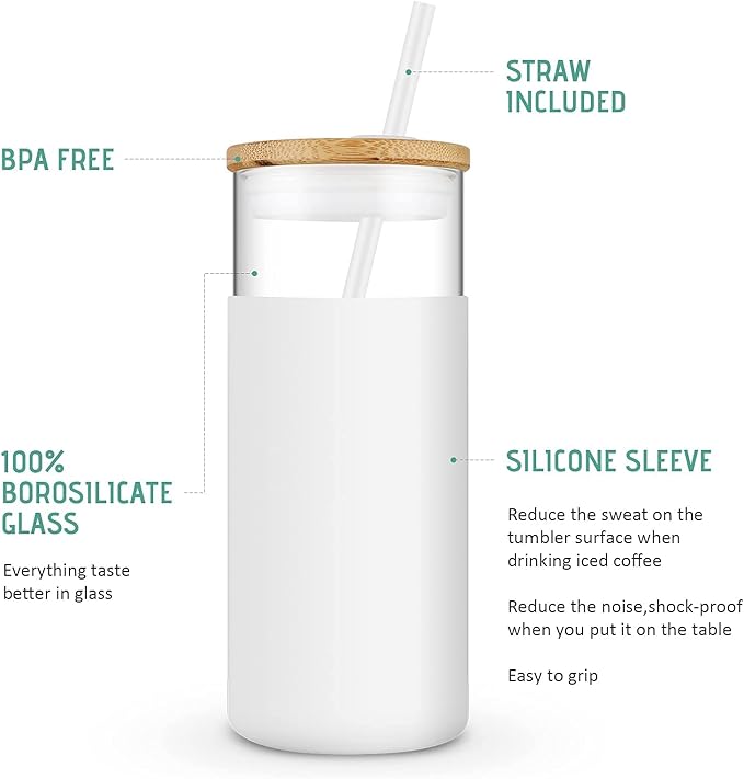 Tronco 20 oz Glass Tumbler with Lid & Straw - Iced Coffee Cup & Smoothie Cup With Silicone Sleeve | BPA-Free, Dishwasher Safe | Reusable Glass Cups with Bamboo Lids and Straws (Blessed Blue, 1 Count)