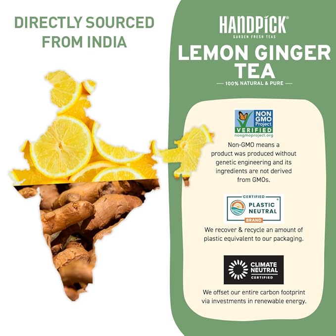 HANDPICK, Lemon Ginger Herbal Tea - 100 Pyramid Tea Bags | 100% Natural Ingredients, Tasty & Citrusy Hand-made Blend of Lemon & Ginger | Caffeine Free, Gluten Free | No Artificial Ingredients