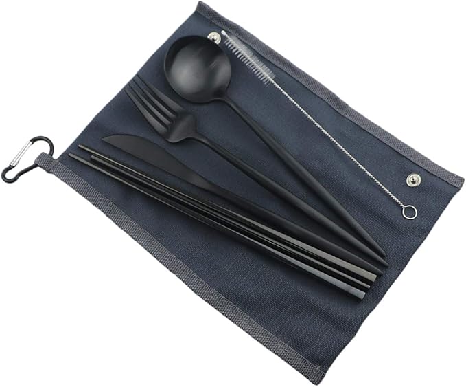 Gugrida Reusable Travel Utensils, 7 Piece Portable 304 Stainless Steel including Knife Fork Spoon Chopsticks Cleaning Brush Straws Portable Pouch, Eco-friendly Camping Silverware Set, Dishwasher Safe