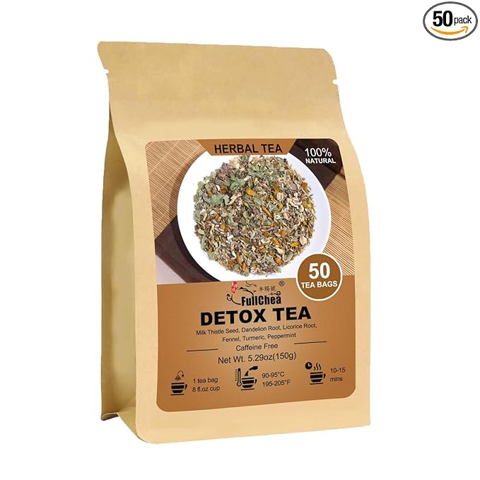 FullChea - Detox Tea Bags, 50 Teabags Liver Detox Tea, With Milk Thistle Seed, Dandelion Root, Licorice Root, Fennel, Turmeric, Peppermint - Liver Cleansing and Support