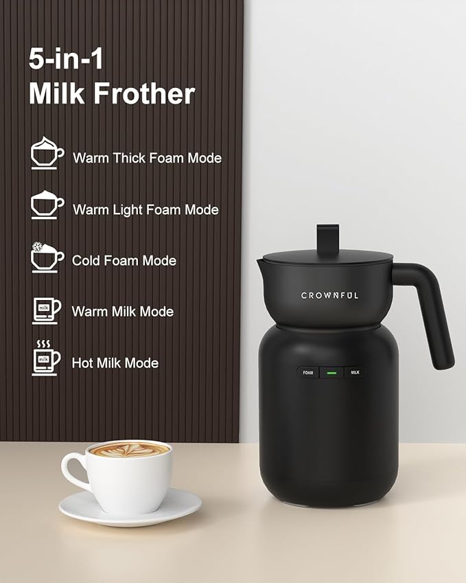 CROWNFUL Milk Frother, Electric 5-in-1 Milk Frother and Steamer with Temperature Control, Dishwasher Safe, Auto Shut-Off Frother for Coffee, Latte, Cappuccino, Macchiato, Dark Gray