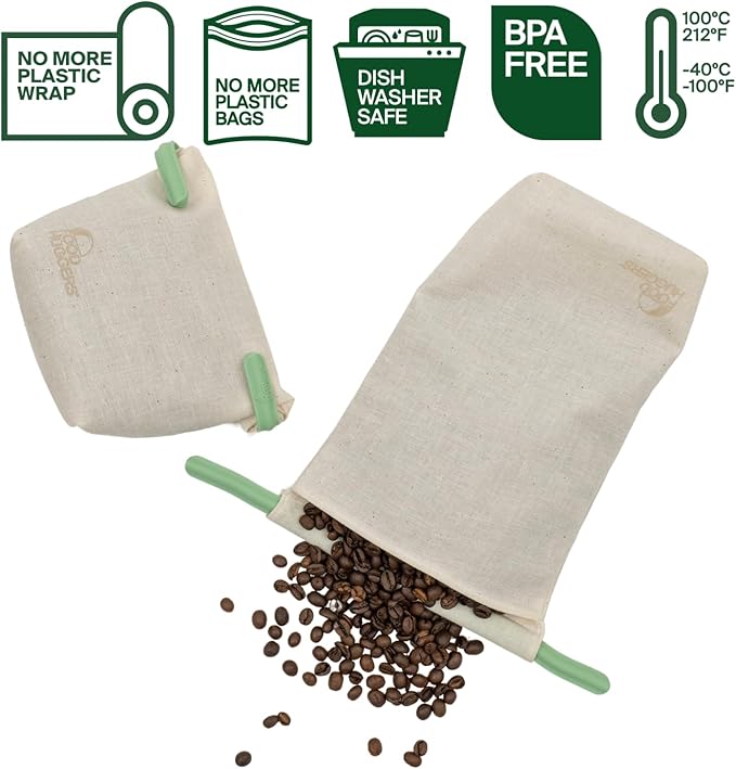 Food Huggers Sustainable Coffee Storage| Bulk Bean Bag | Eco-Friendly, Zero-Waste | BPA-Free, Dishwasher Safe Silicone | Ideal for Groceries, Food | Reusable, Large (1pc)