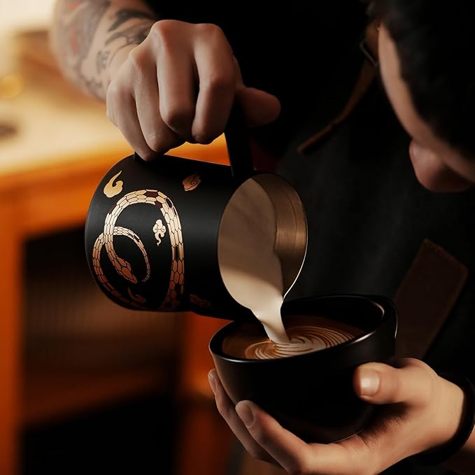 MHW-3BOMBER Espresso Steaming Pitcher Milk Frothing Pitcher Stainless Steel Milk Coffee Cappuccino Latte Art Barista Cup (5.0 Black(printing), 16.9 Ounces) P5159S-OS