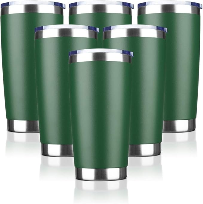 20oz Tumbler Bulk Stainless Steel Vacuum Insulated Tumblers with Lid Double Wall Travel Mug, Powder Coated Coffee Cup, Suitable for Ice Drinks and Hot Beverage (Dark green 6pack)