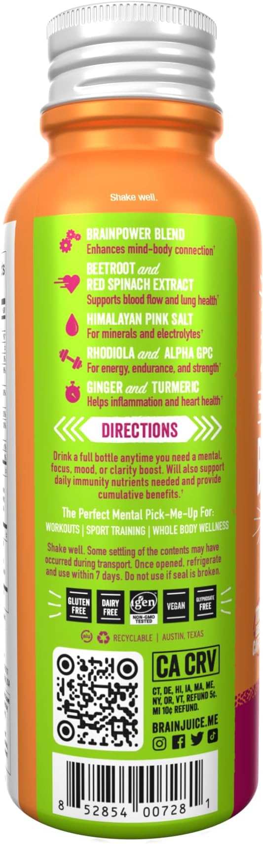 BrainJuice Active Focus & Energy Drink Shots, Supports Endurance, Recovery & Clarity, Non-GMO, Gluten Free, Nootropics, Alpha GPC, B Vitamins & Organic Green Tea, Pomegranate Acai, 2.5 fl oz, 12 Pack