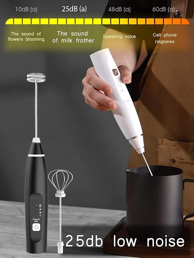 Milk Frother Handheld Foam Maker with 2 Stainless Stirring Head 3 Speed Rechargeable Electric Blender Milk Frother Wand Drink Mixer for Cappuccino Matcha Latte Hot Chocolate Protein Powder Egg (White)