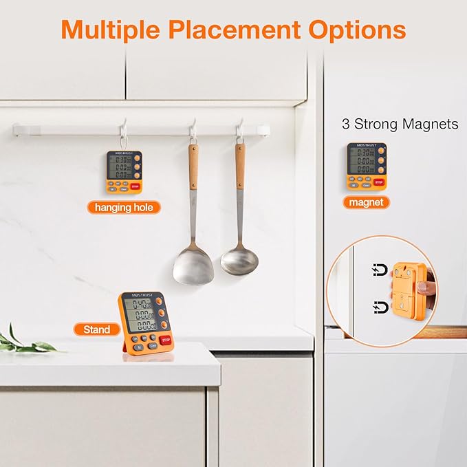 Digital Dual Kitchen Timer, 3 Channels Countdown Triple Timer for Cooking, Magnetic Memory-Preset Large Display Adjustable Alarm Volume, Multi Times Management, 3A Battery Included, Orange