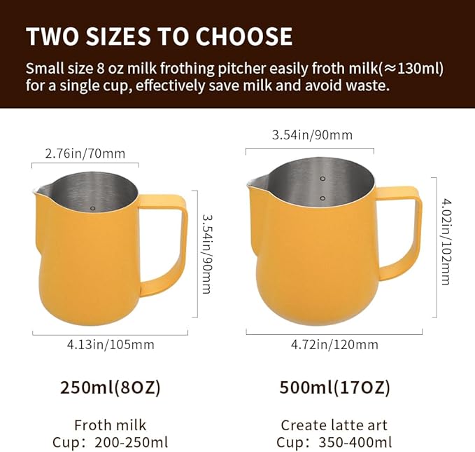 watchget Milk Frothing Pitcher 500ml/17oz Espresso Steaming Pitcher with Matte Yellow Coating Stainless Steel Milk Steamer Jug Milk Frothing Cup, Yellow