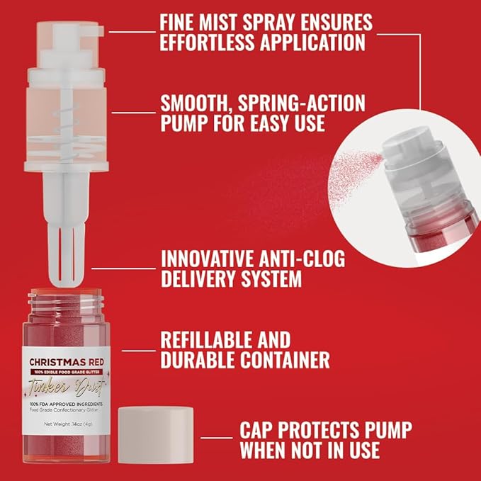 Bakell - Christmas Red Tinker Dust (4g, 1x Mini Spray Pump) Edible Glitter for Food, Desserts, and Beverages!