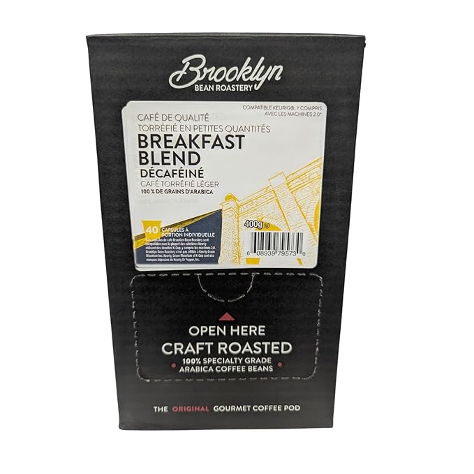 Brooklyn Beans Decaf Coffee Pods, Decaf Breakfast Blend - Compatible with Keurig K Cup Brewers Including 2.0 Machines, 40 Count, Smooth and Balanced Light Roast