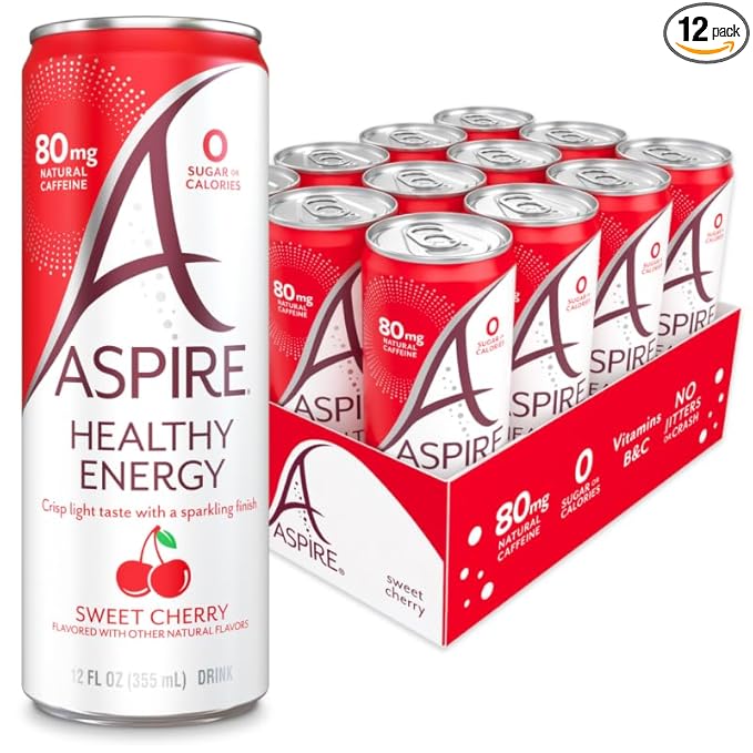 ASPIRE® Sweet Cherry, Healthy Energy Drink 80mg Natural Caffeine, Zero Sugar No Carbs Keto Friendly, 12 Pack Green Tea Sugar Free Drink Low Caffeine Zero Calorie