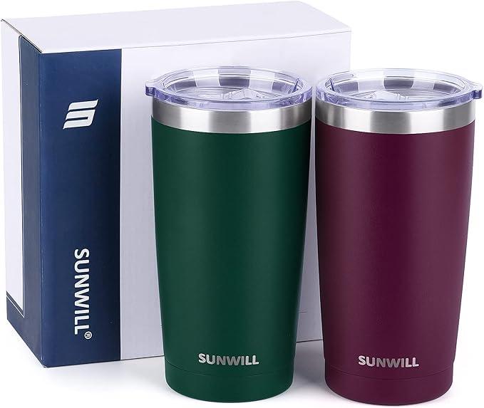 SUNWILL Travel Coffee Mug with Lid, 20 oz Tumbler Set of 2, Insulated Stainless Steel Cup for Drinks， Water, Tea, Powder Coated Forest Green & Plum