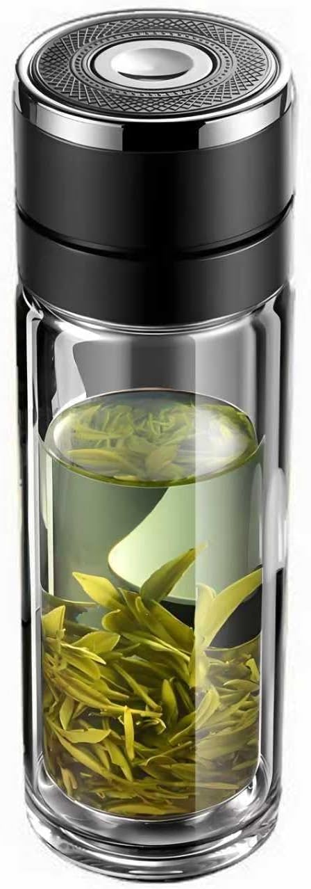 Glass Water Bottle Fits in Car Cup Holder, 14 oz Double Wall Borosilicate Glass Tea Infuser Bottle, One Handed One Key Lid Opening, for Car, Home, Office