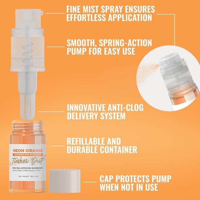 Bakell - Neon Orange Tinker Dust (4g, 1x Mini Spray Pump) Edible Glitter for Food, Desserts, and Beverages!