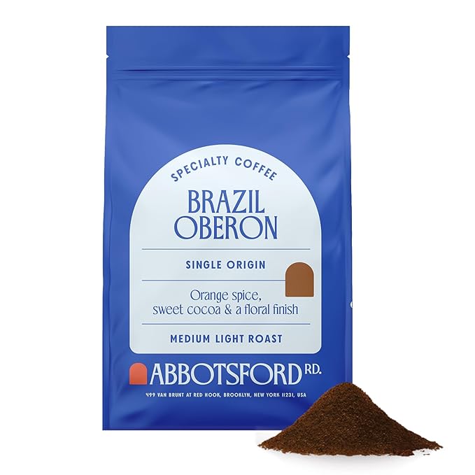Brazil Oberon Ground Coffee, Medium Light Roast Ground Coffee with Orange Spice & Cocoa, 12 oz Brazilian Coffee Bag, Single Origin from Cerrado, Specialty Coffee for a Bright, Flavorful Brew