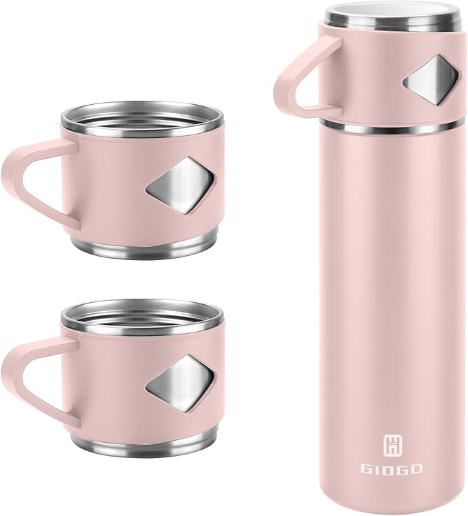 Stainless Steel Thermo 700ml/23.7oz Vacuum Insulated Bottle with Cup for Coffee Hot drink and Cold drink water flask.(Pink,Set)