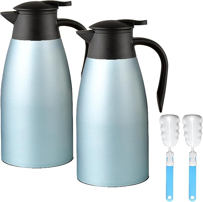 70 oz Thermal Coffee Carafe, Updated 2 PCS Insulated Stainless Steel Coffee Carafes for Keeping Hot Coffee & Water Hot Beverage-12Hours, Double Walled Vacuum Coffee Carafe（Blue+Blue)