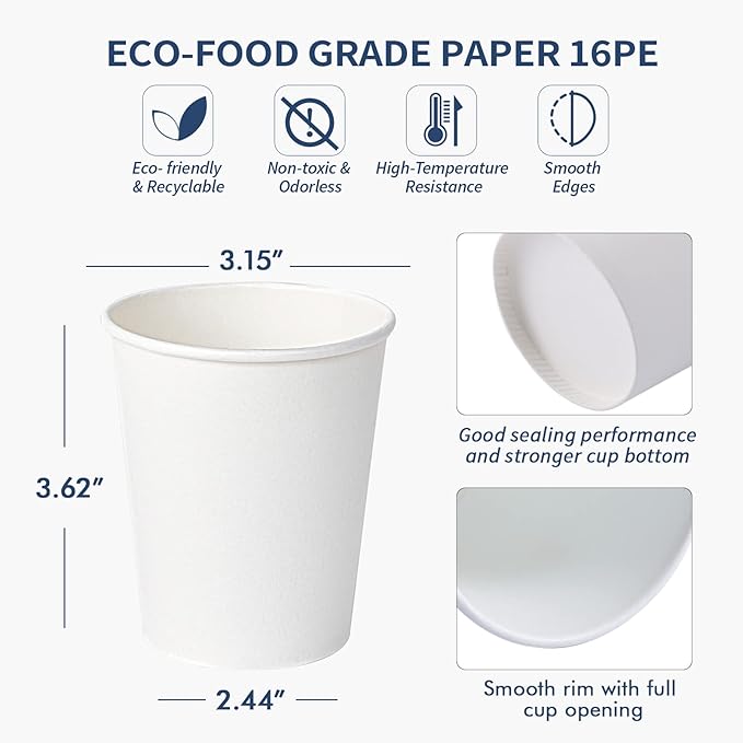 Turbo Bee 300Pack 8oz Paper Cups,Disposable Coffee Cup， White Paper Water Cups,Hot/Cold Beverage Drinking Cup for Party,Travel and Event
