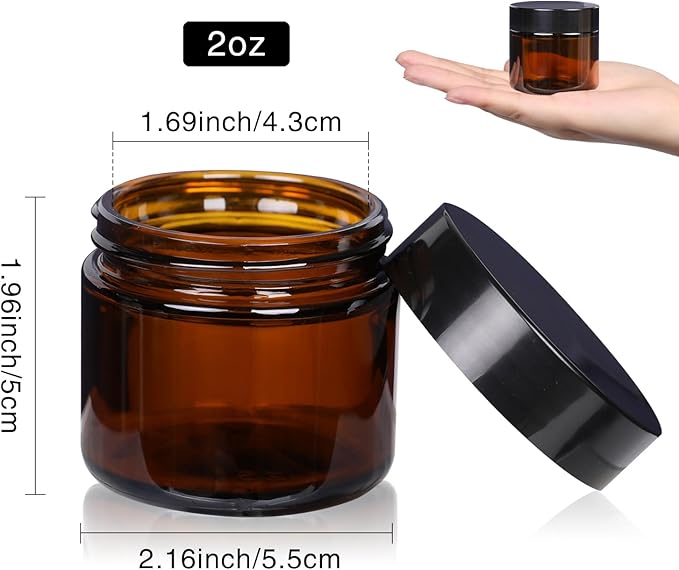 3 Pack Amber Small Glass Cosmetic Jars with Lids, 60 ml Empty Glass Makeup Containers for Sample, Cream, Lotion, Powder (2 OZ)