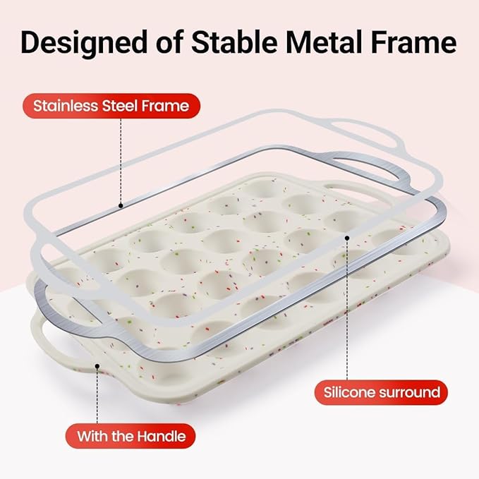 Mini Muffin Pan, Metal Reinforced Frame Mini Cupcake Pans 24 Cups Nonstick Muffin Silicone Molds with Handle for Baking Muffins, Cupcakes, Egg Bites 2 Pack