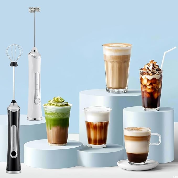 Handheld Electric Milk Frother with 2 Heads, Coffee Whisk Foam Mixer with USB Rechargeable 3 Speeds, Foam Maker Blender for Latte, Cappuccino, Hot Chocolate, Egg (Black with stand)