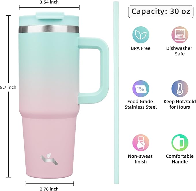 30 oz Tumbler with Handle and 2 Straws,2 in 1 Lid Insulated Water Bottle Stainless Steel Travel Coffee Mug,Gum