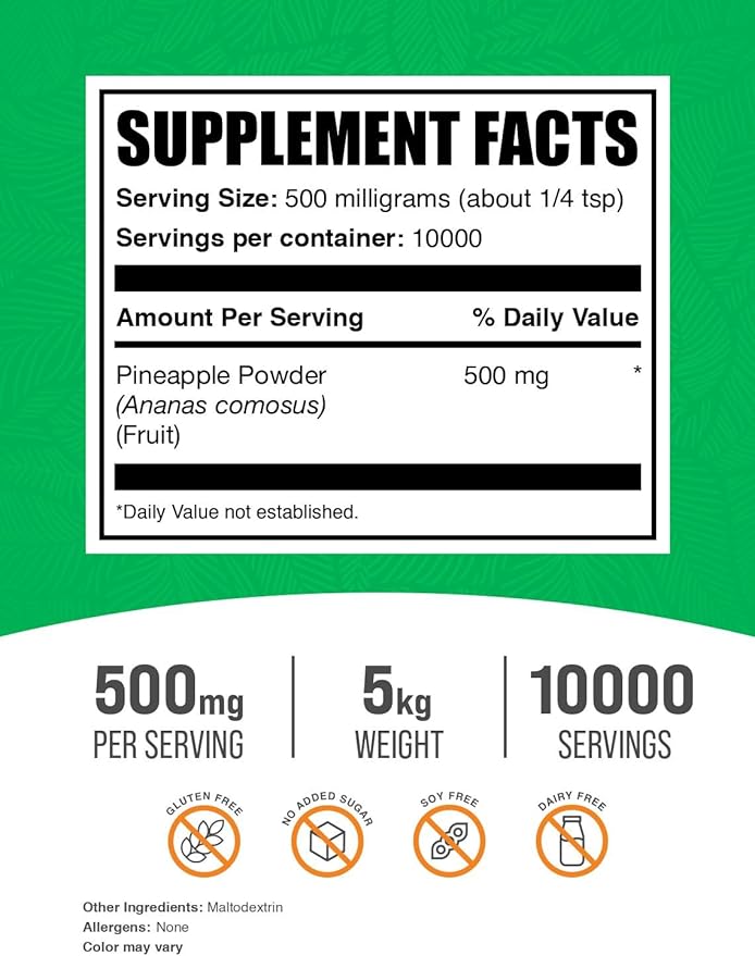 BulkSupplements.com Pineapple Powder - Pineapple Fruit Powder, for Flavoring & Smoothies - Unsweetened & Gluten Free, 500mg per Serving, 5g (11 lbs) (Pack of 5)