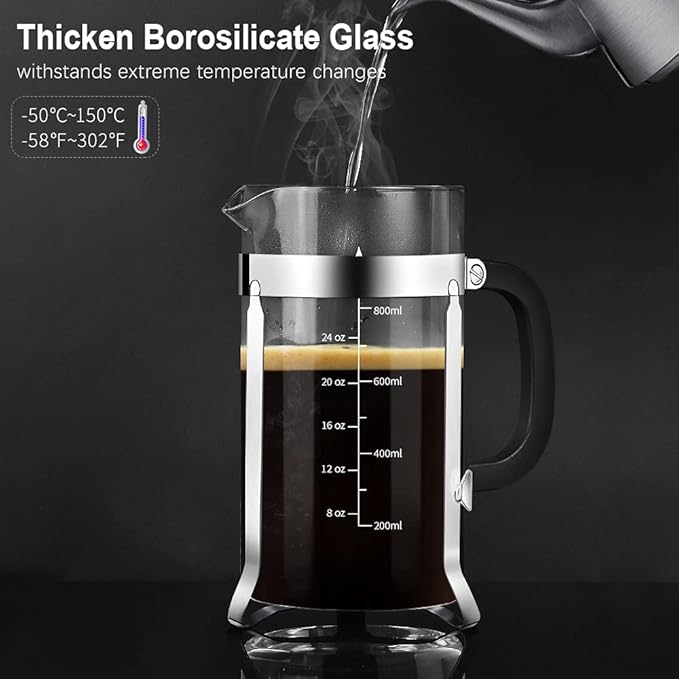 QUQIYSO French Press Coffee Maker 34oz 304 Stainless Steel French Press with 4 Filter, Heat Resistant Durable, Easy to Clean, Borosilicate Glass Coffee Press, 100% BPA Free Glass Teapot, Silver