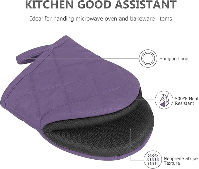 1 Pair Short Oven Mitts - Silicone Kitchen Oven Gloves High Heat Resistant 500℉, Mini Oven Mits with Non-Slip Grip Surfaces and Hanging Loop for BBQ, Baking, Cooking and Grilling (Purple)