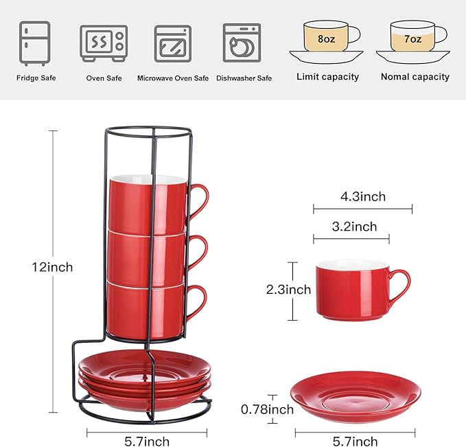 8oz Porcelain Stackable Cappuccino Cups with Saucers and Metal Stand Set of 4, Coffee Cups for Espresso, Specialty Coffee Drinks, Latte, Americano and Tea - Red