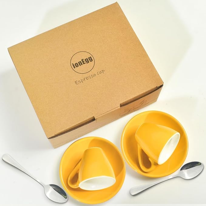 Porcelain Espresso Cup with Saucer And Stainless Steel mini Spoons, Espresso shot Cup, 80ml/2.7Oz, Pack of 2, Yellow