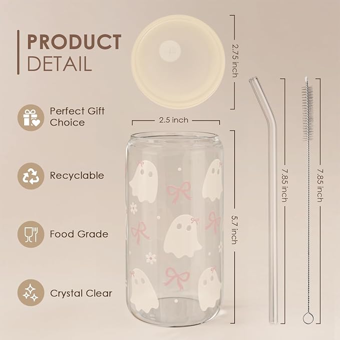 Halloween 16oz Can Glass Tumbler with Acrylic Lid & Straw, Iced Coffee Cup for Women Girls, Aesthetic Cups Gifts for Party