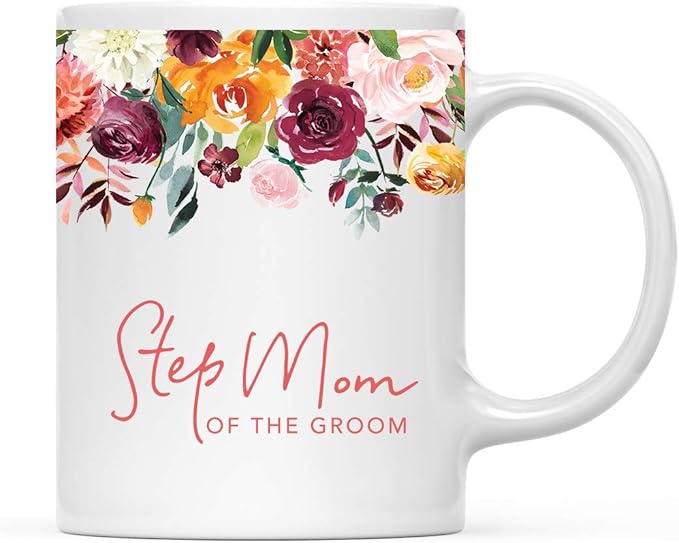 Andaz Press 11oz. Wedding Ceramic Coffee Tea Mug Gift, Fall Autumn Burgundy Orange Peach Flowers Roses Florals, Step Mom of the Groom, 1-Pack, Includes Gift Box