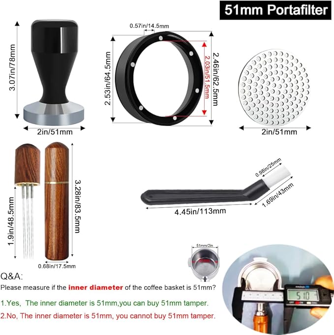 51mm Espresso Tamper Set, 5PCS Coffee Tamper Kit with WDT Tool, Coffee Stirrer, Dosing Funnel, Puck Screen 51mm Espresso Accessories Tampers Kit (Black)