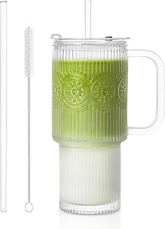 26oz Ribbed & Floral Glass Tumbler with Handle – Smoothie Cup with Lid & Straw – Reusable Iced Coffee Tumbler for Hot & Cold Drinks – Perfect for Smoothies, Matcha,Whiskey (Set of 1)