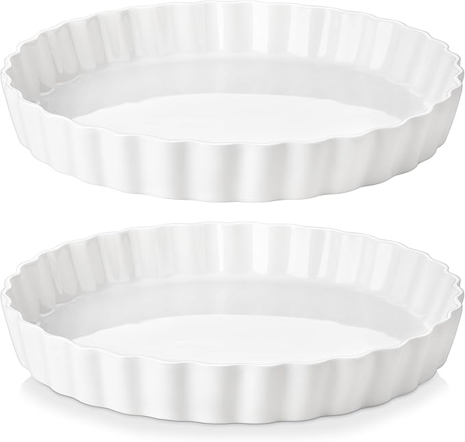 LOVECASA Porcelain Pie Pan Quiche Baking Dish,10 Inch Non-Stick Round Pie Dish Quiche Pan,Tart Pan with Ruffled Edge,Pie Plate for Apple, Quiche, Pot Pies, Tart,Set of 2, White