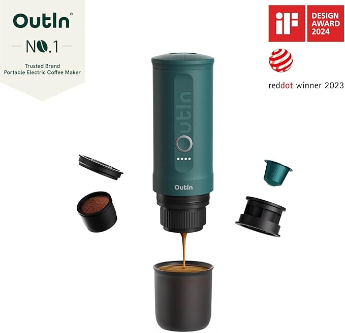 OutIn Nano Portable Electric Espresso Machine, Travel Coffee Maker for Camping, Car Coffee Maker Self-Heating with USB-C, With Ground Coffee & NS Capsule for RV, Hiking, Office