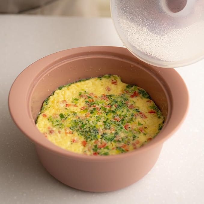 Microwave Silicone Steamer for Baby Food, Made In Korea, Oven & Dishwasher Safe to 482°F, Easy Clean, Microwave Pot with Handle & Lid, 100% Food Grade Steamer Bowl (Terracotta Rose, 19oz (550ml))